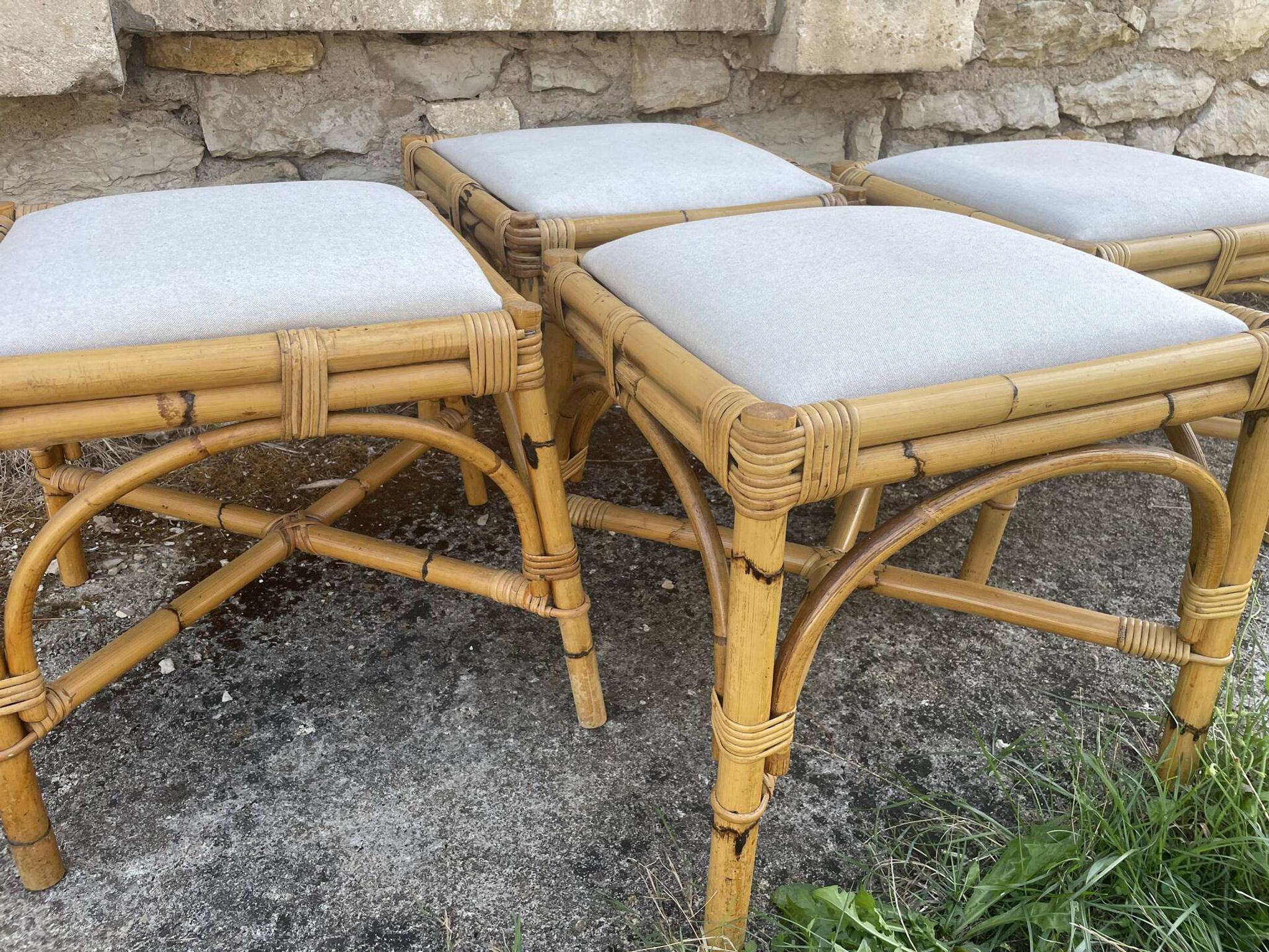 4 tabourets vintage bambou et rotin – années 60/70