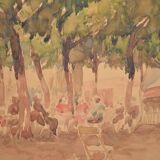 French school 20th century "under the trees of the village square" watercolor