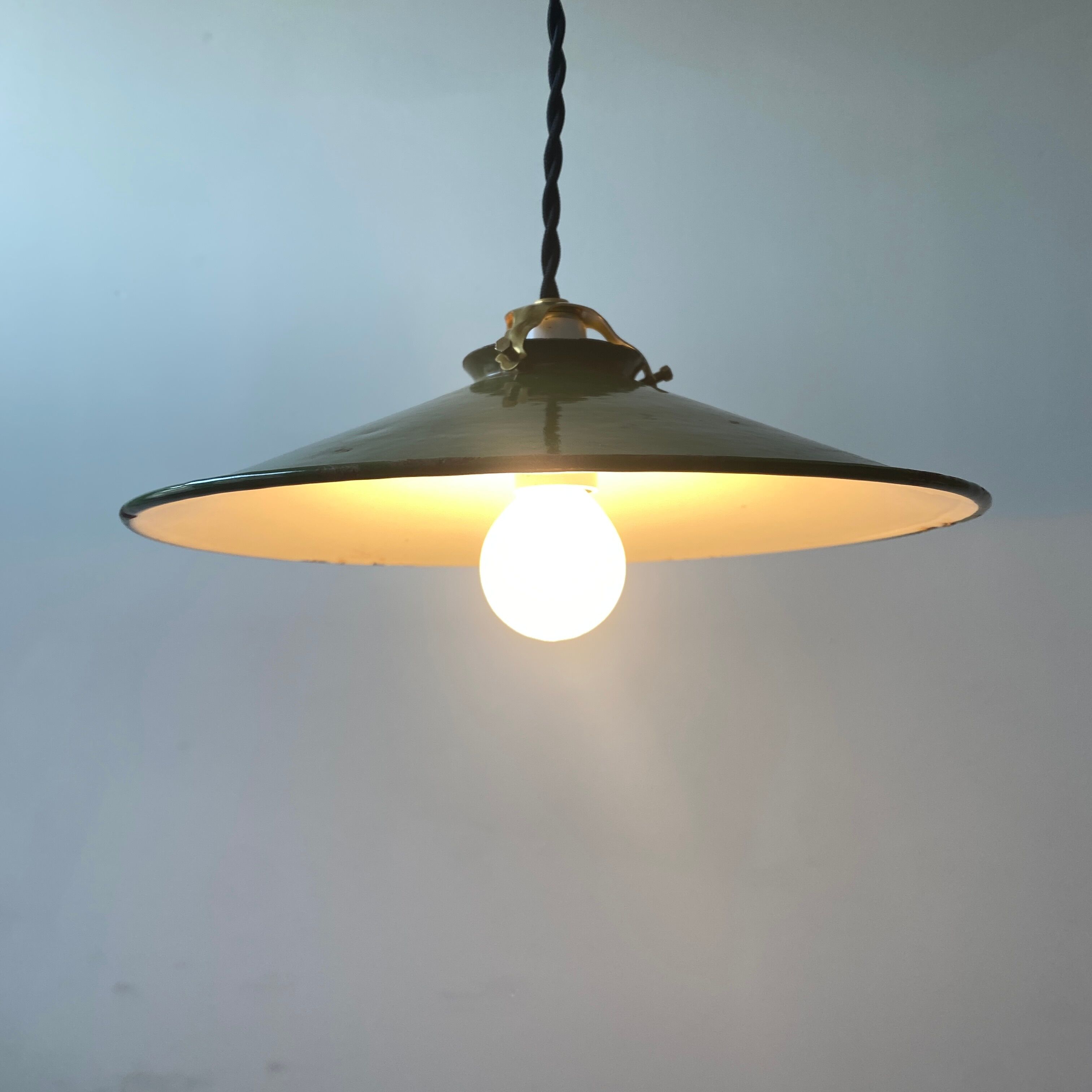 Pair of vintage industrial enamelled suspensions