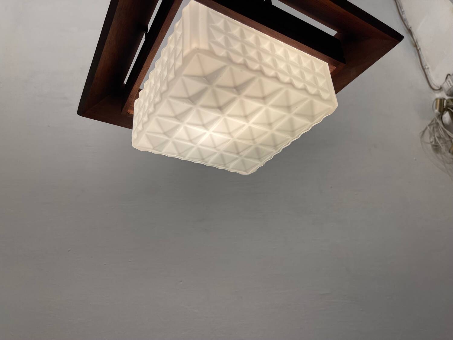 1950s Wood, Bronze & Opaline Glass Pendant Light