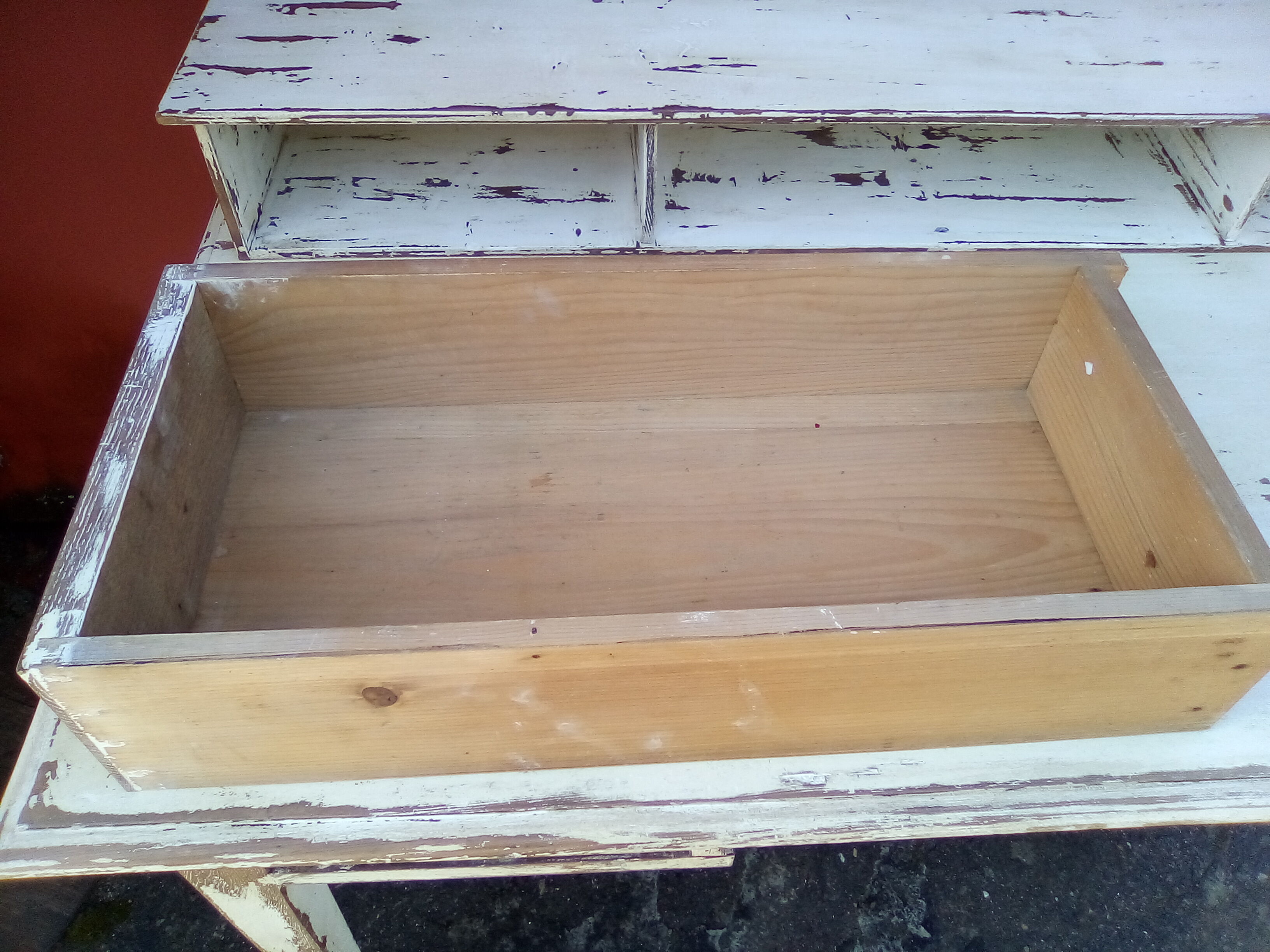 Large wooden desk with patinated bleacher