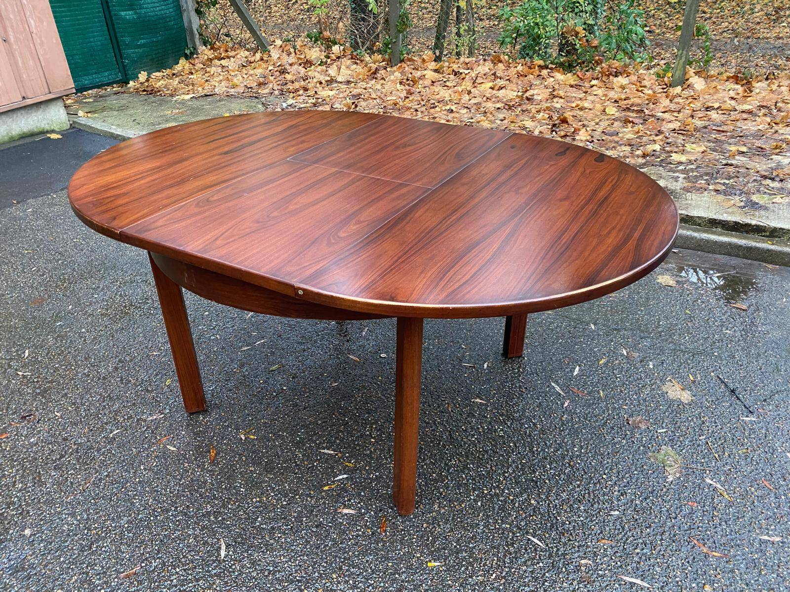 Scandinavian dining table and 4 Hans Olsen style chairs in teak and velvet.
