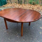 Scandinavian dining table and 4 Hans Olsen style chairs in teak and velvet.