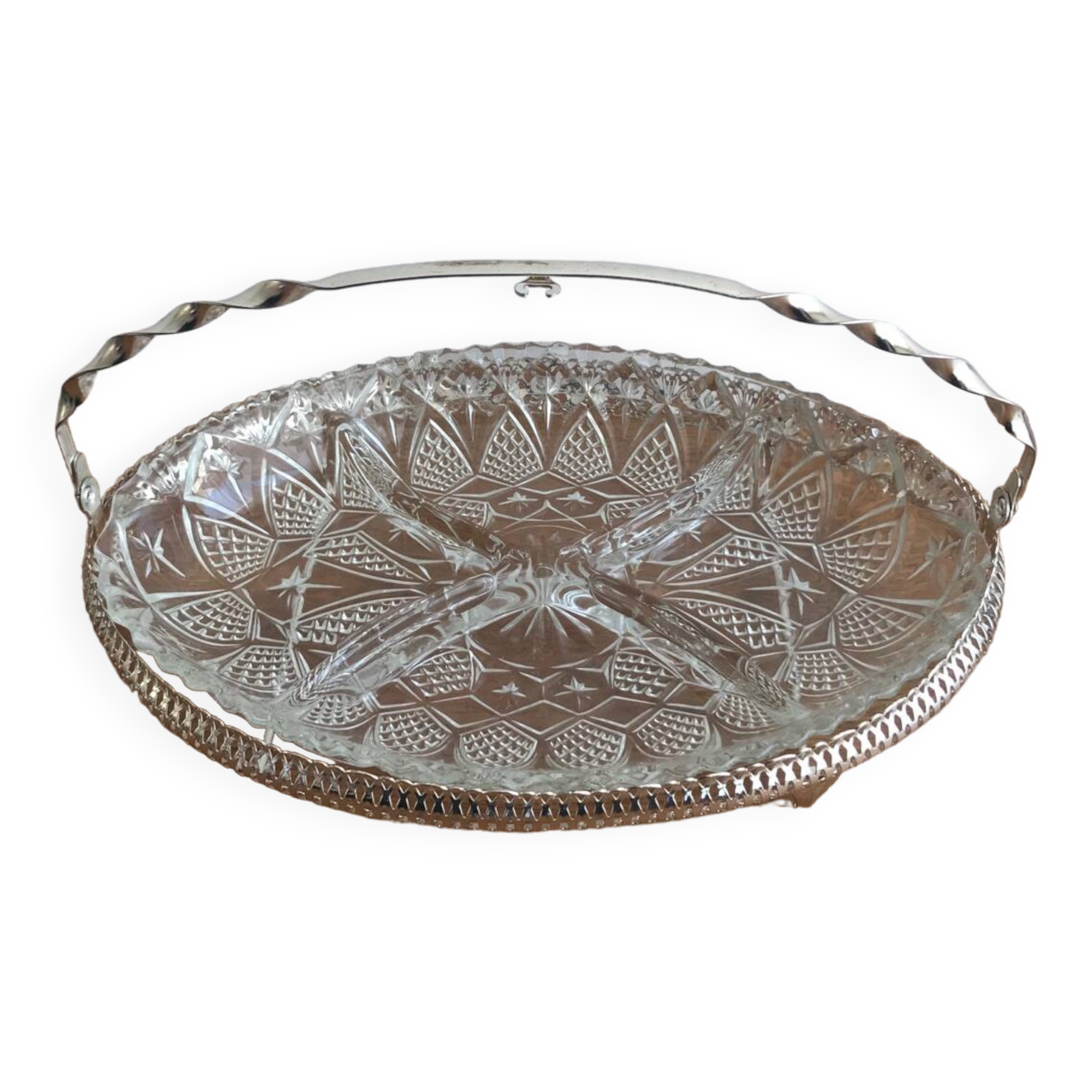 Plat apéro en verre 4 compartiments avec son support en métal doré vintage