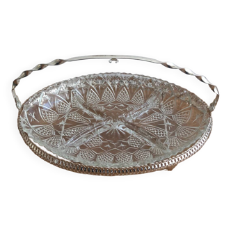 Glass aperitif dish 4 compartments with its vintage gold metal support