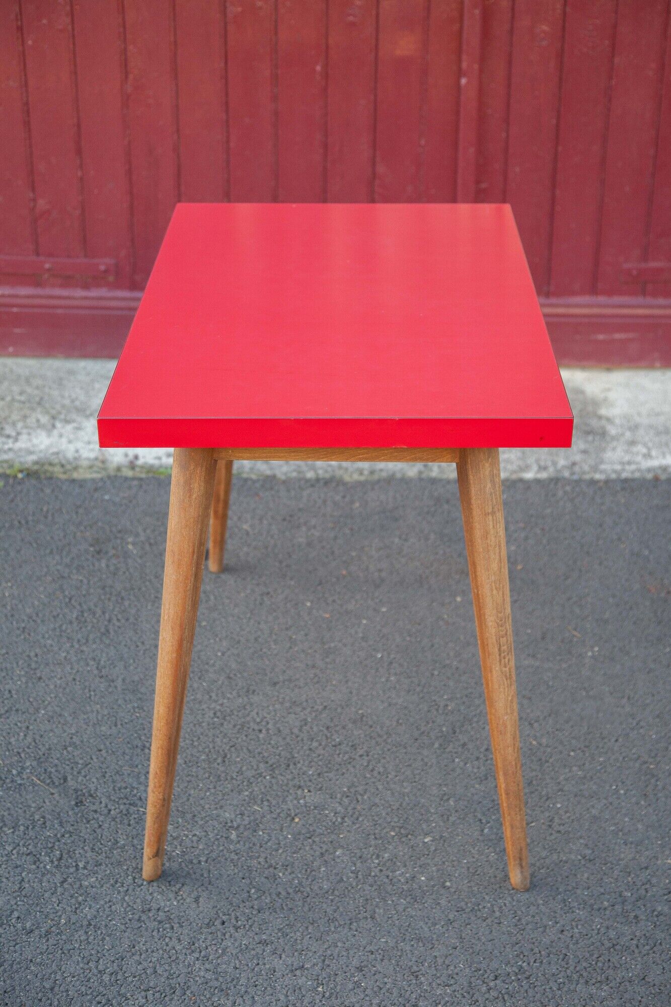 Vintage bistro table wooden table and red formica feet compass, kitchen, countryside