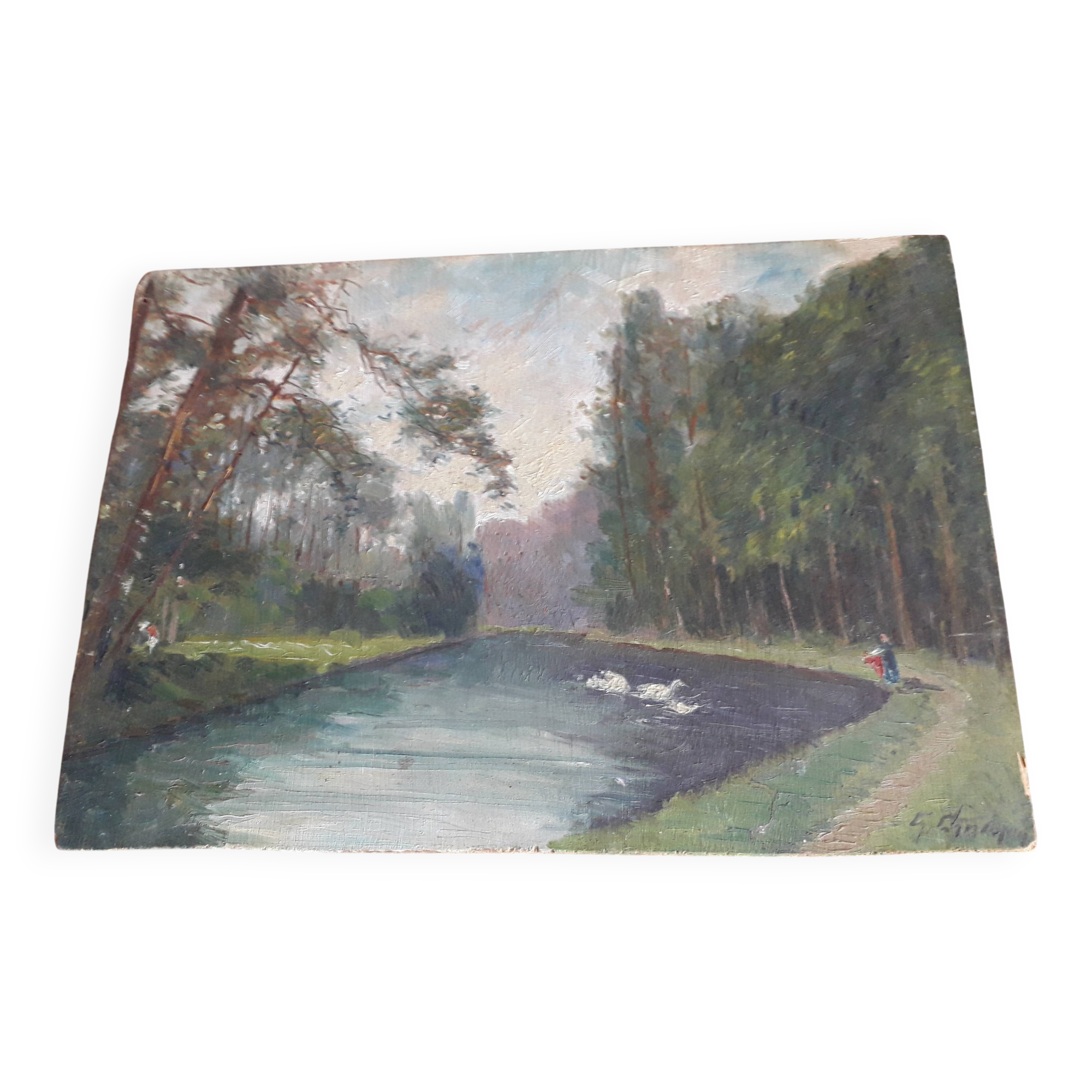 Old oil painting depicting a landscape