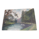 Tableau ancien à l'huile représentant un paysage