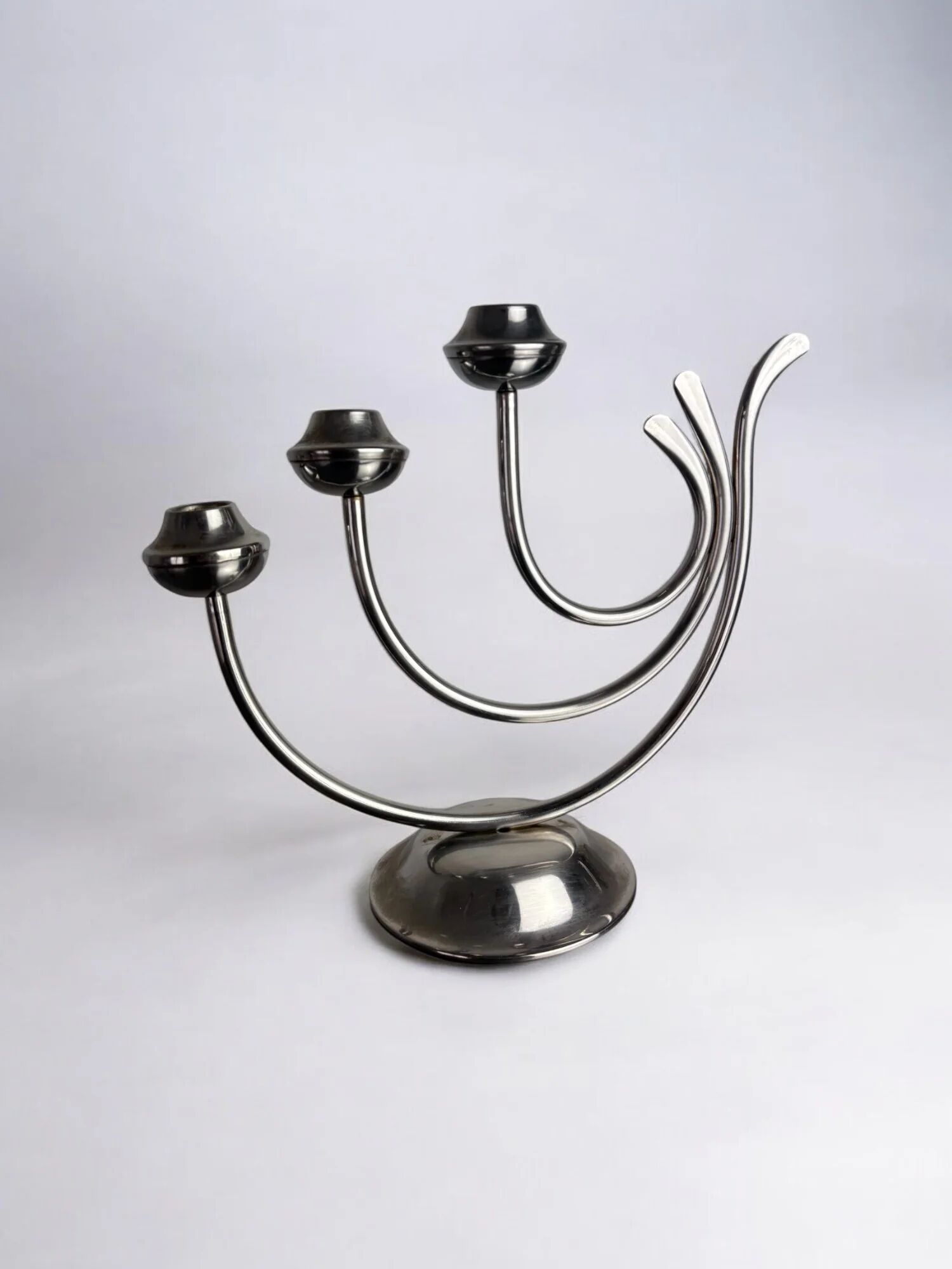 Art deco candlestick in stainless steel, 3 flames, Spain, 1970s