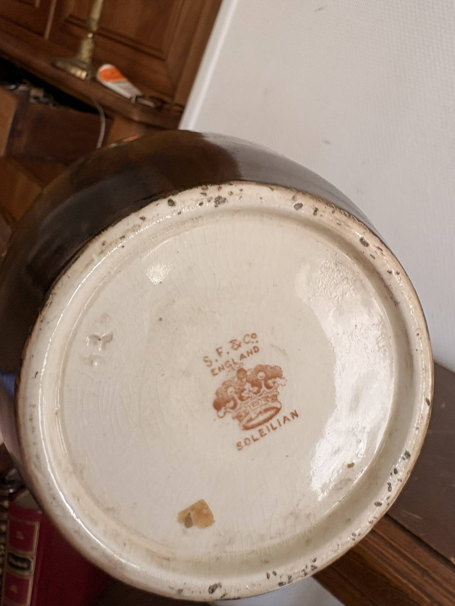 Antique English Vase Soleilian SF&Co 1910 Earthenware Decor Horses Ploughman