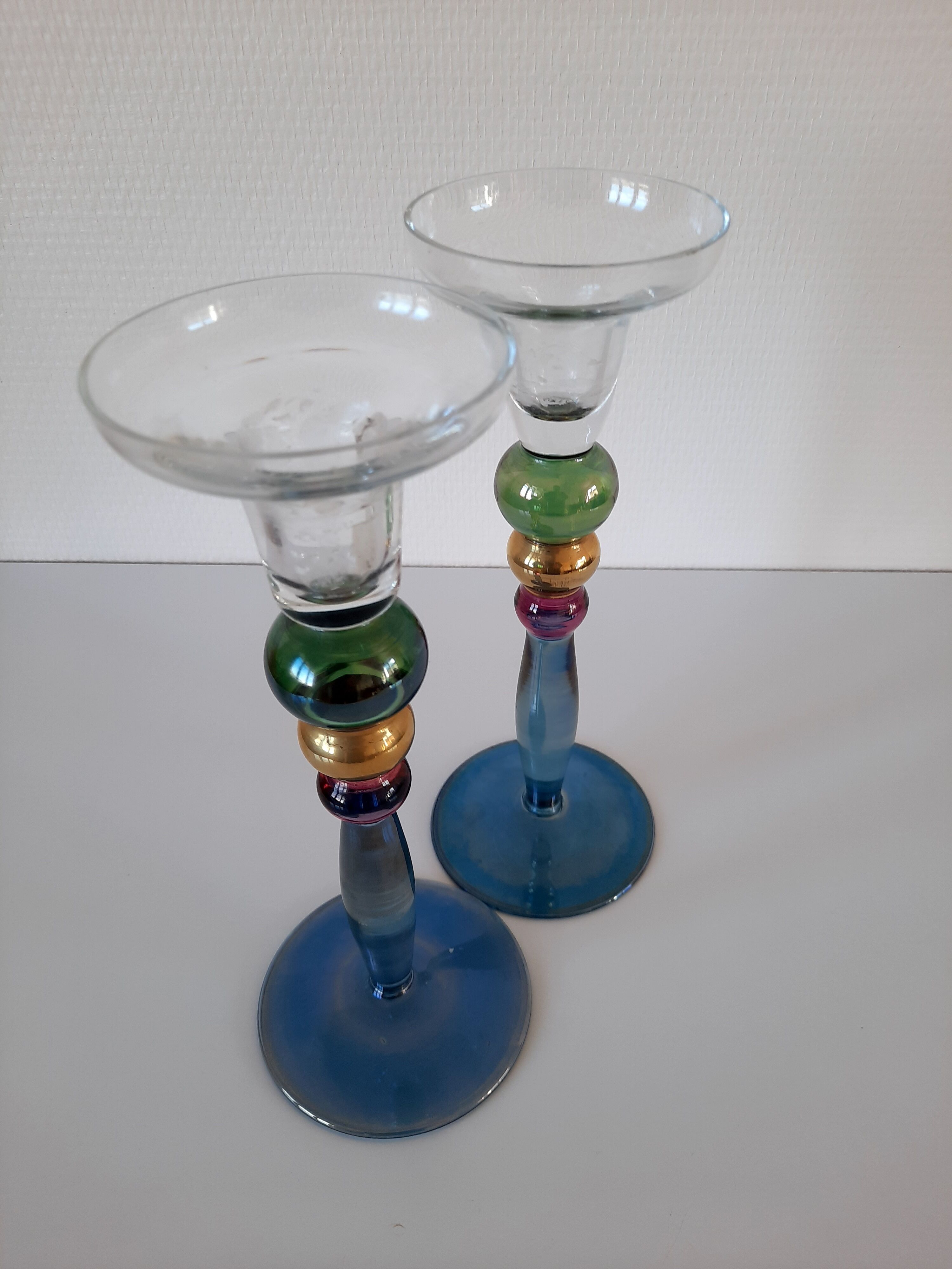 Pair of multicolored glass candlesticks 70-80