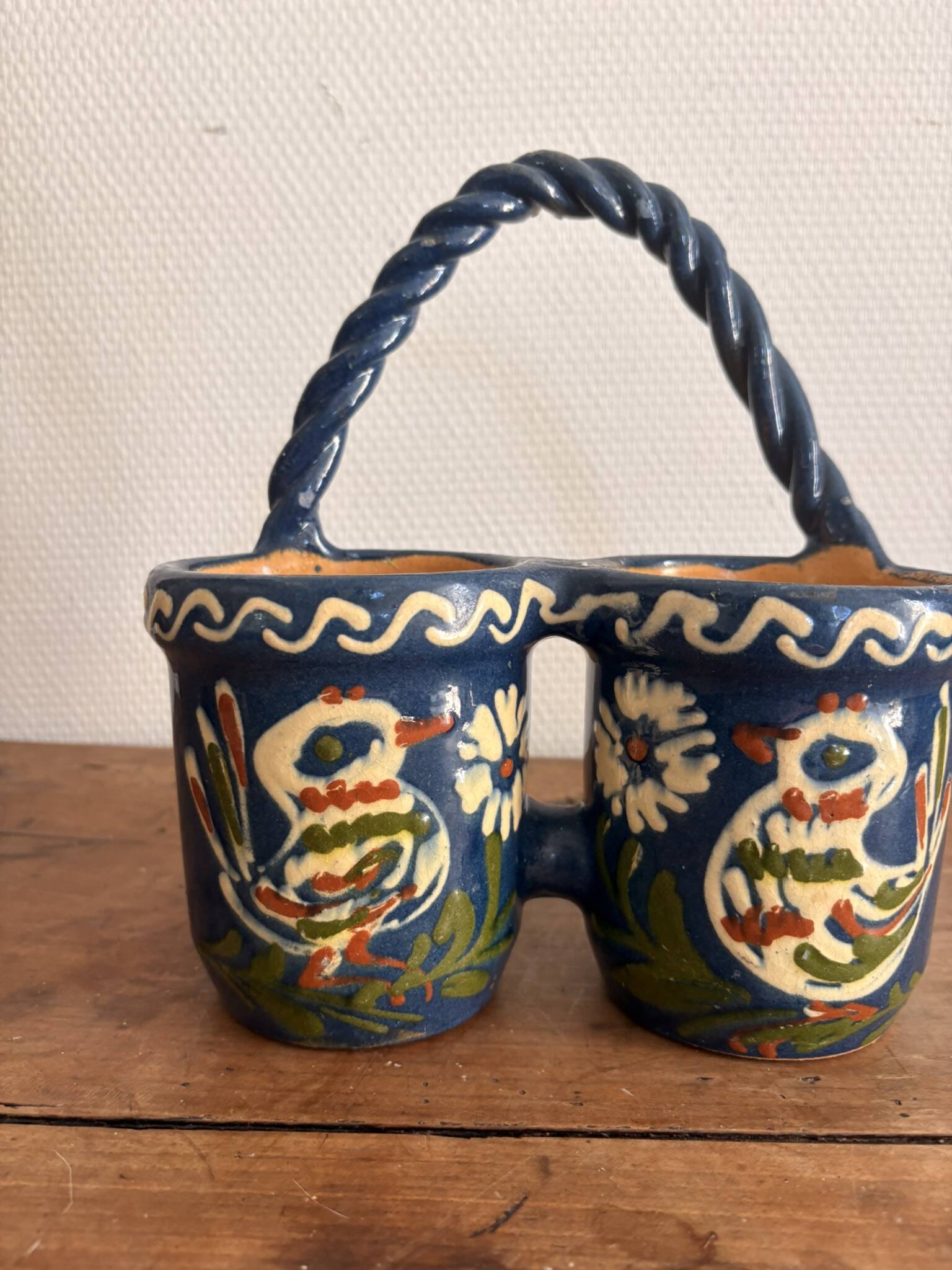 Double Pot Pottery Ceramic Terracotta Blue Bird Alsace Twisted Handle