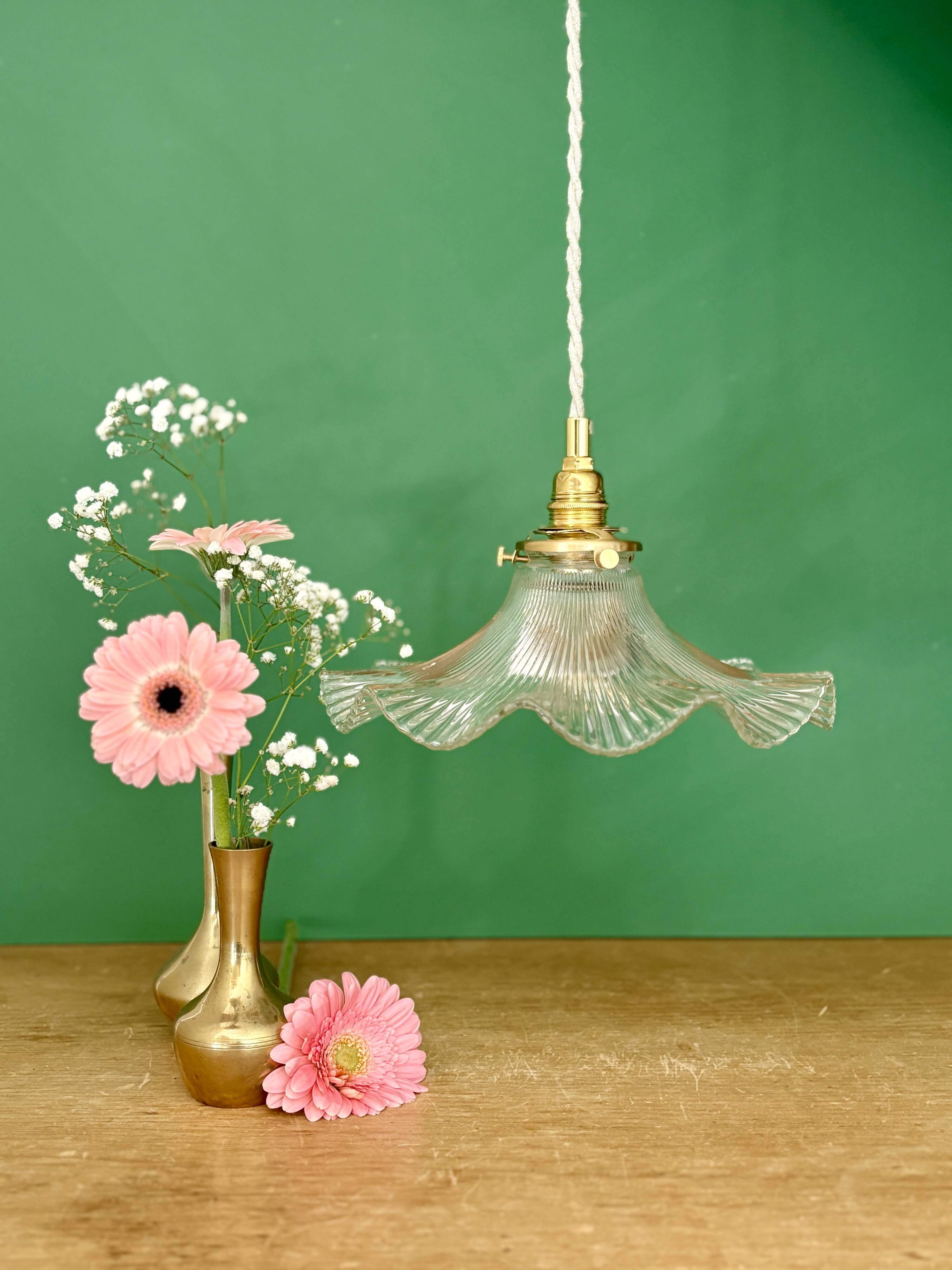 Suspension abat-jour vintage en verre holophane