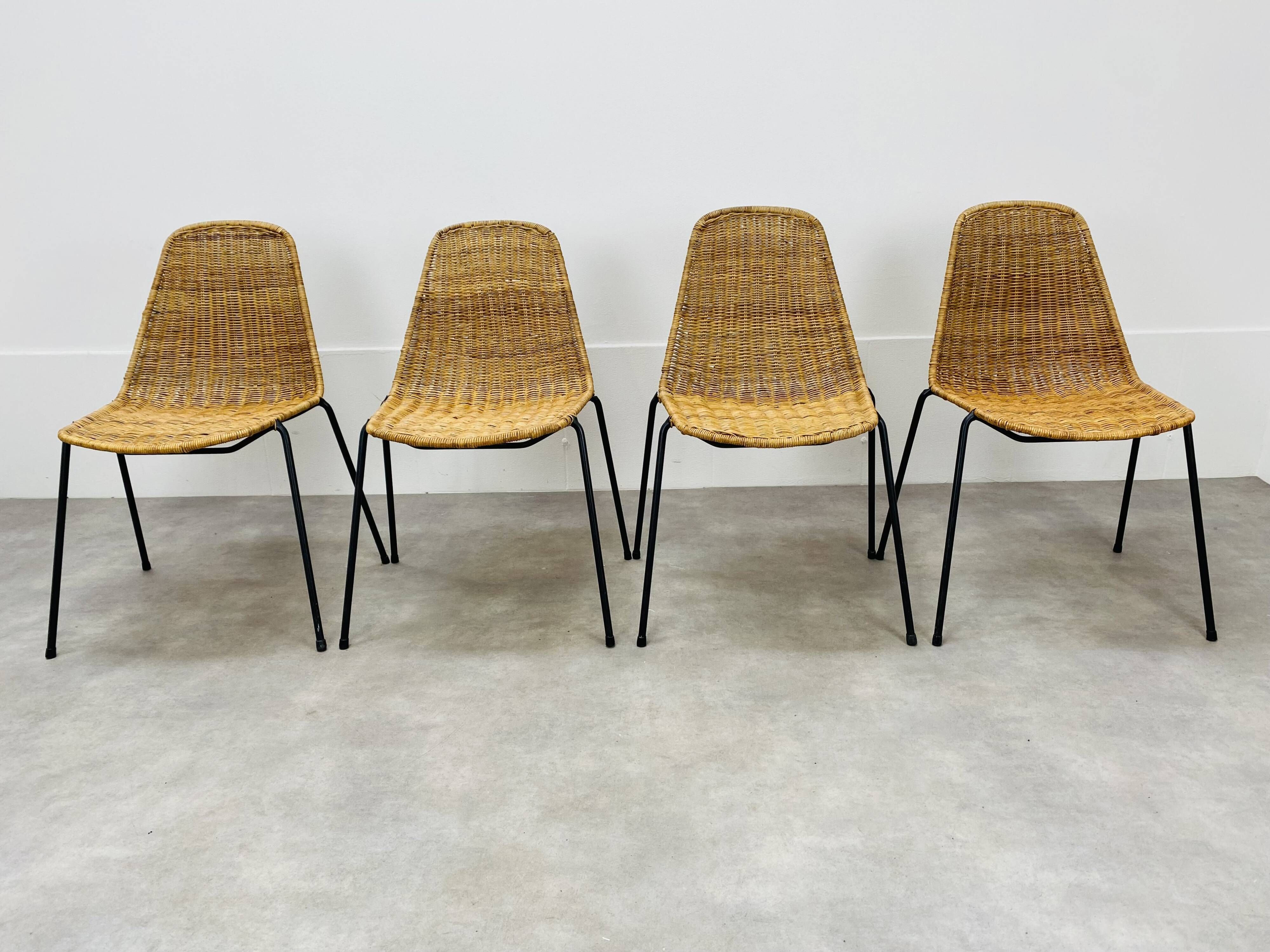 4 chairs Gianfranco Legler model Rattan basketball and metal 50s