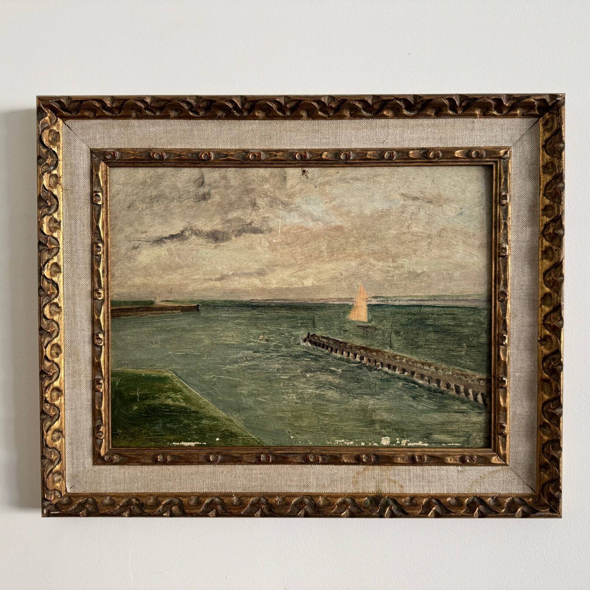 Huile sur carton "Le Croisic jetée en bord de mer", début XXe