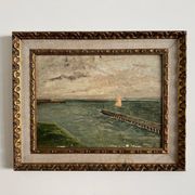 Huile sur carton "Le Croisic jetée en bord de mer", début XXe