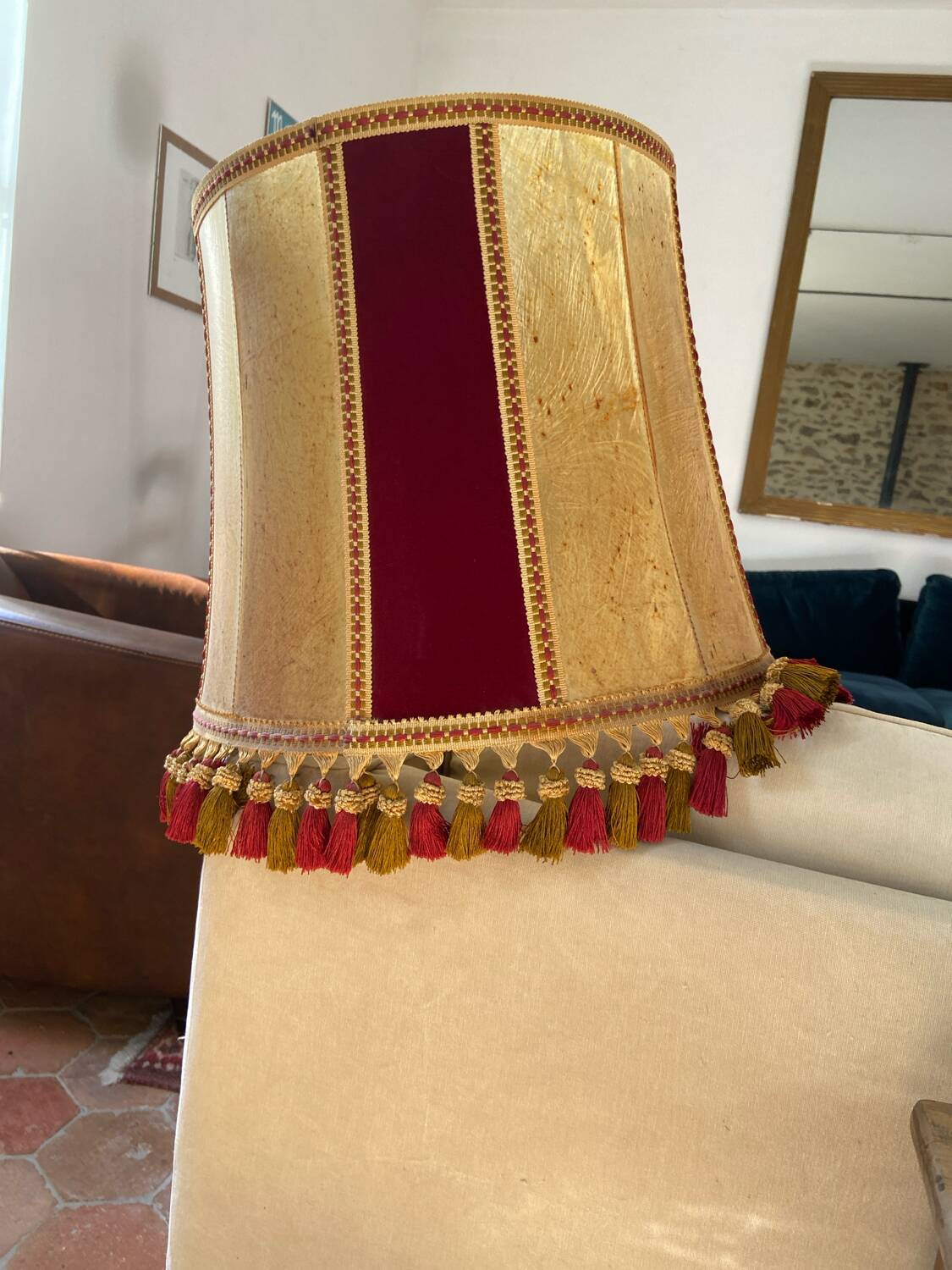 grand abat-jour en peau et velours vintage