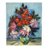 Dahlias et Zinnias, huile sur toile signée Gisèle Renaut