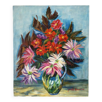 Dahlias and Zinnias, oil on canvas signed Gisèle Renaut