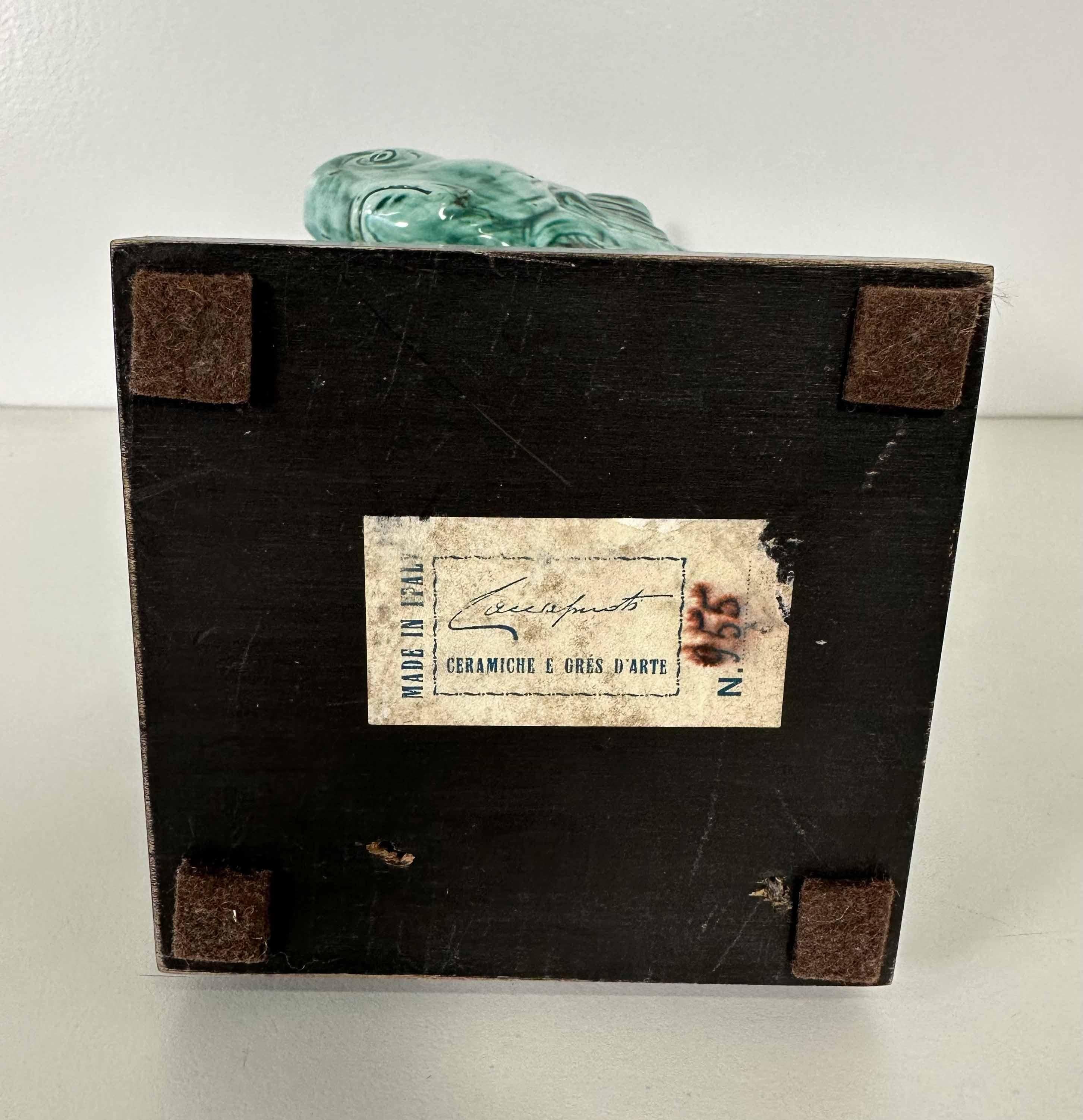 Light Blue Porcelain and Ebonized Wood Fish Sculpture by Guido Cacciapuoti Art Deco, 1930s