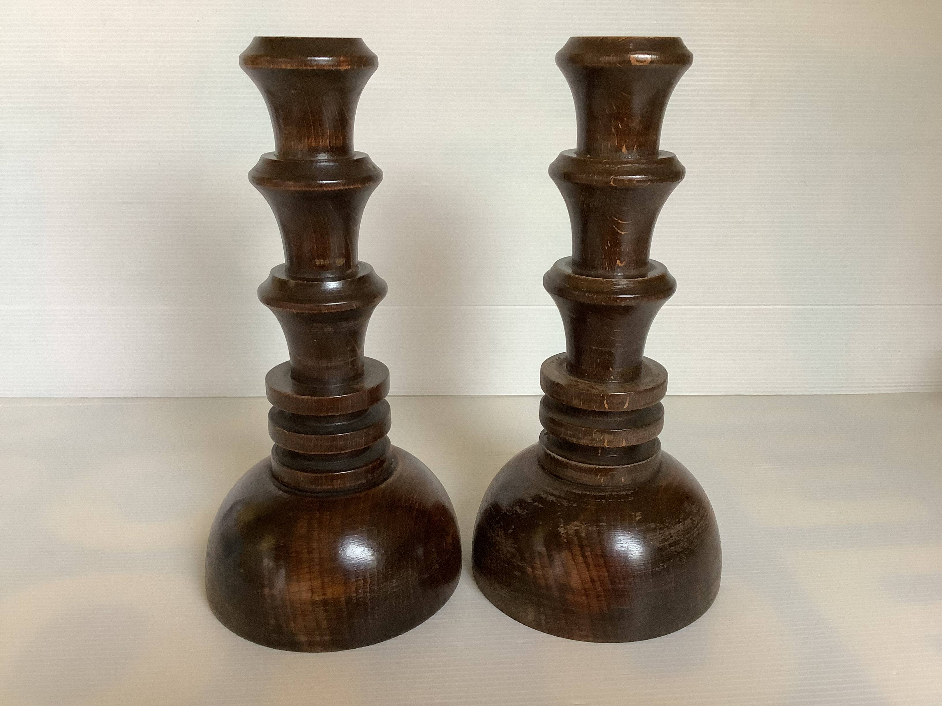 Pair of old wooden candlesticks