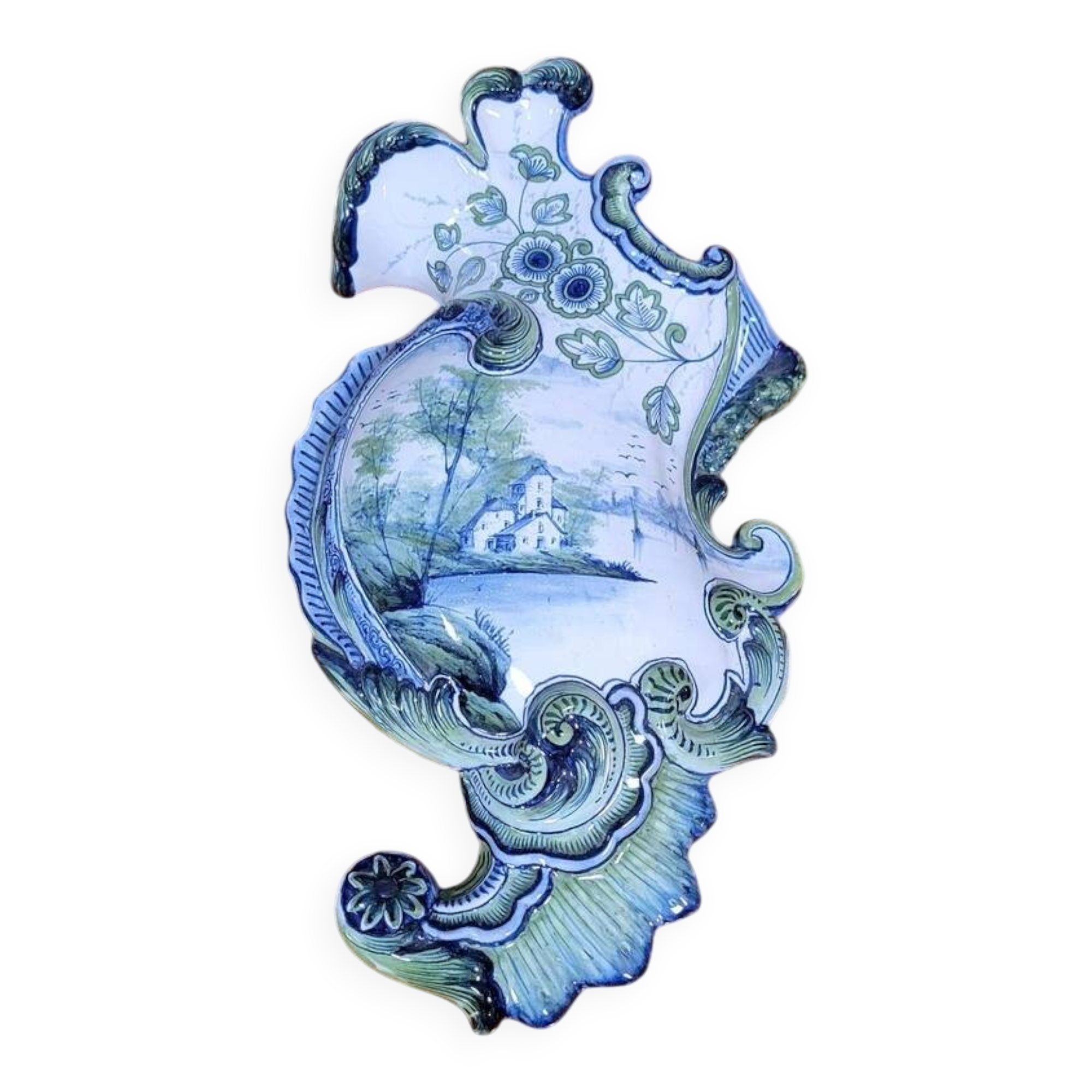 Glazed ceramic bouquetière painted with a lake landscape