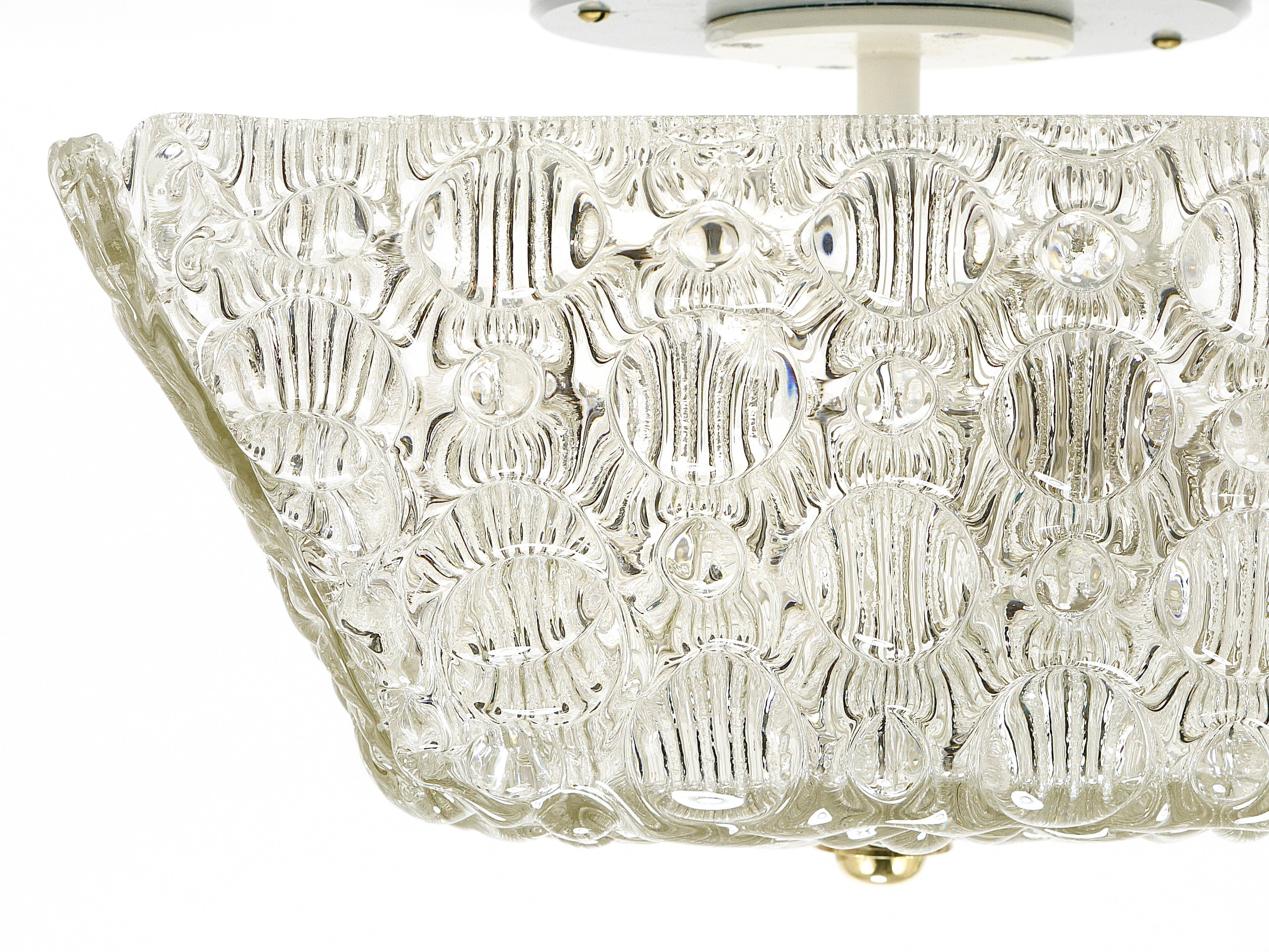 J.T. Kalmar Square Applique Ceiling Light in Brass and Textured Glass, 1950s
