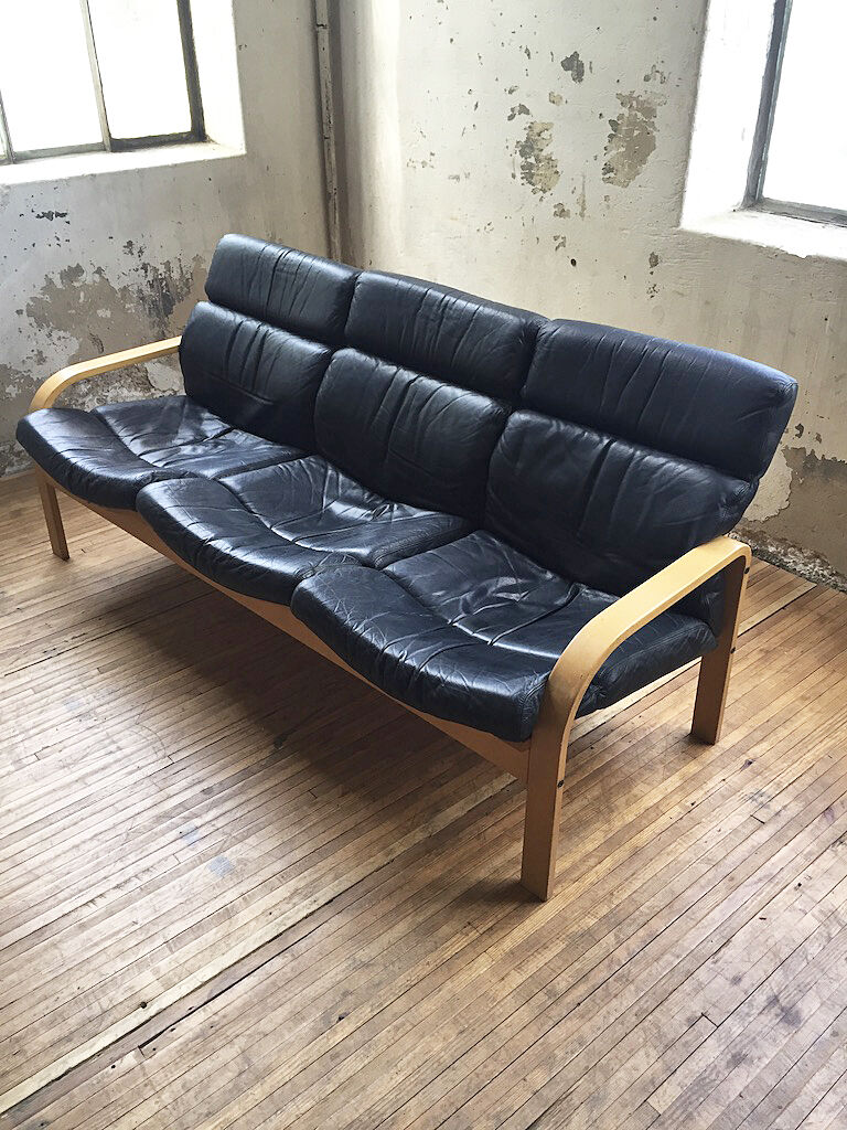 Danish sofa and armchairs curved wood and leather