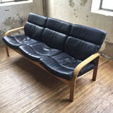 Danish sofa and armchairs curved wood and leather