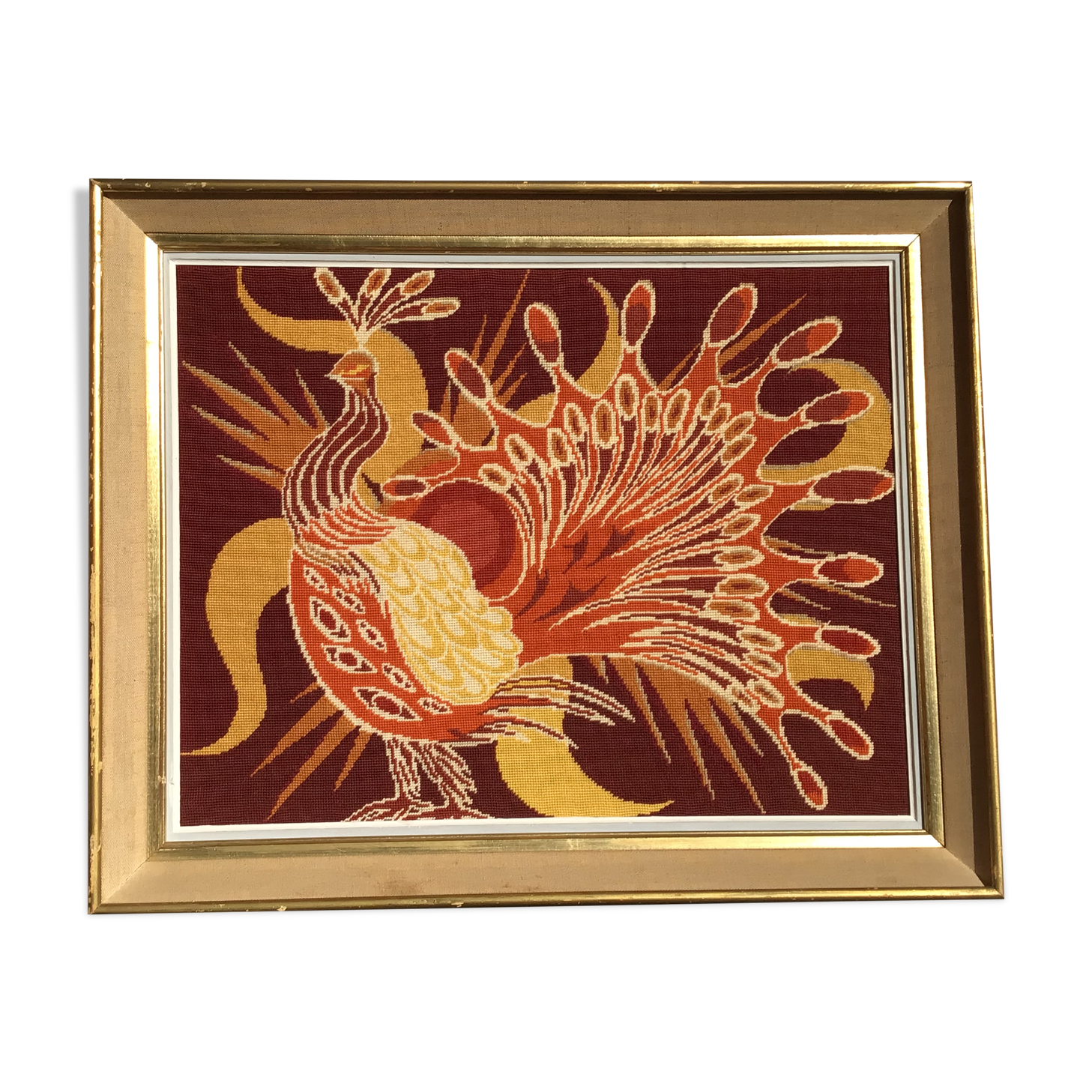 Framed peacock tapestry 75 x 61cm