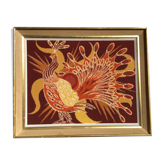 Framed peacock tapestry 75 x 61cm