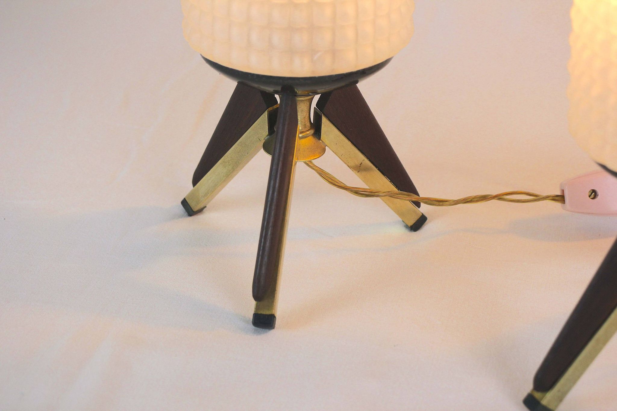Pair of bedside lamps, Brass, Teak, Venetian glass, Italy, 1950