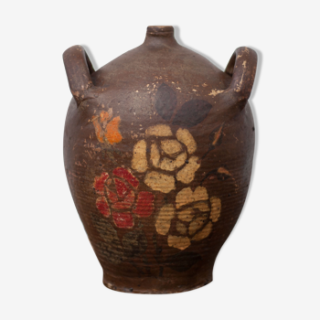 antique jar, handle jar, brown painted jar with flowers, pottery, decorative bottle, living room