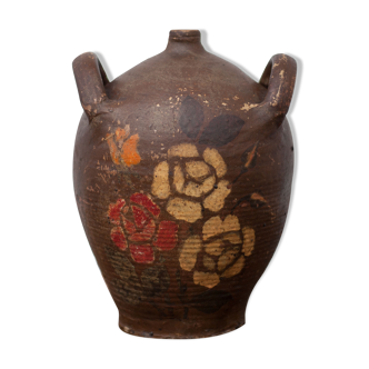 antique jar, handle jar, brown painted jar with flowers, pottery, decorative bottle, living room