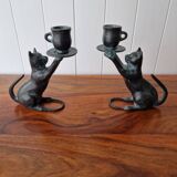 2 bronze cat candlesticks