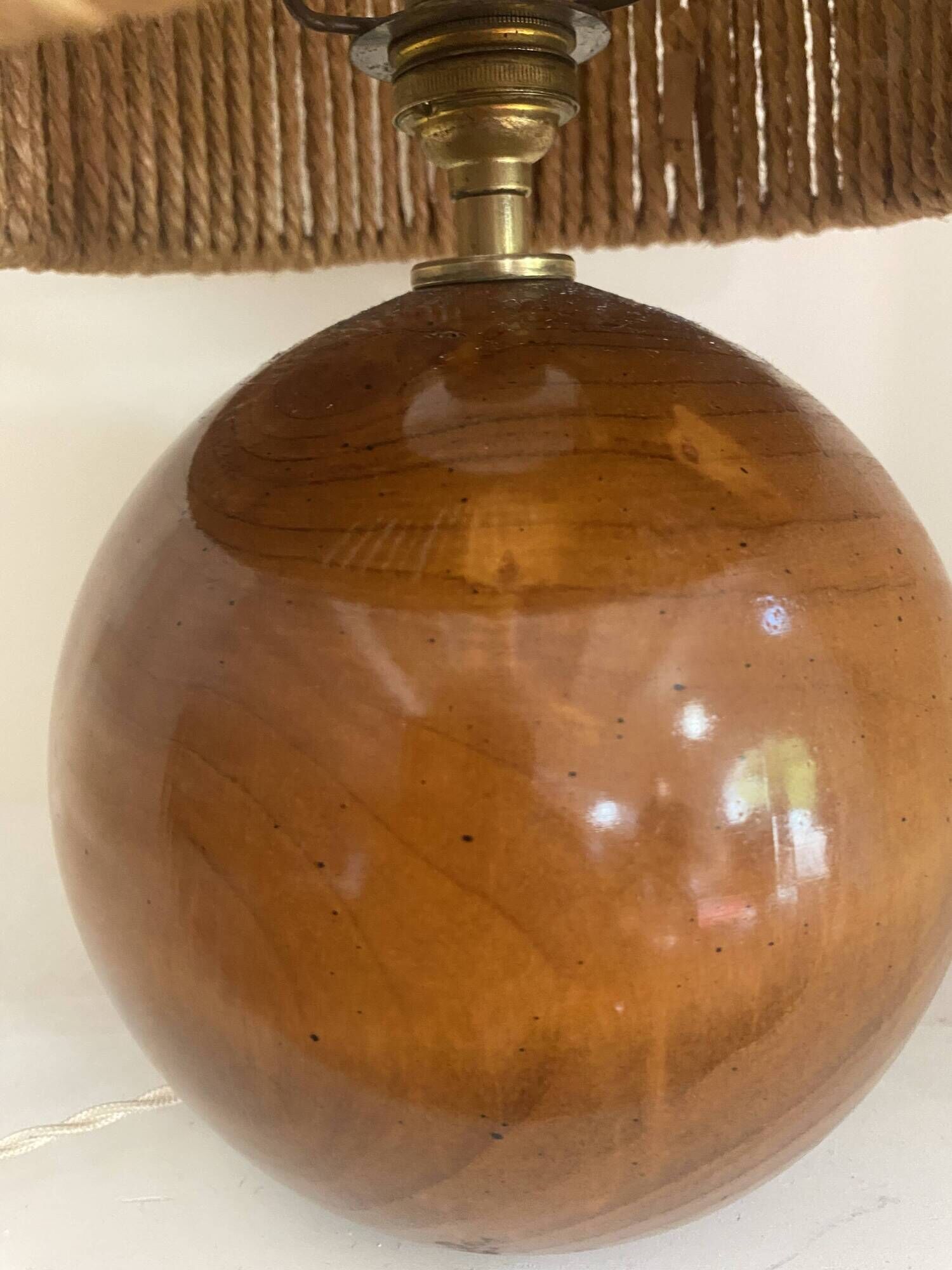 Wooden lamp, new braided fabric cable, cord lampshade, 1960s.