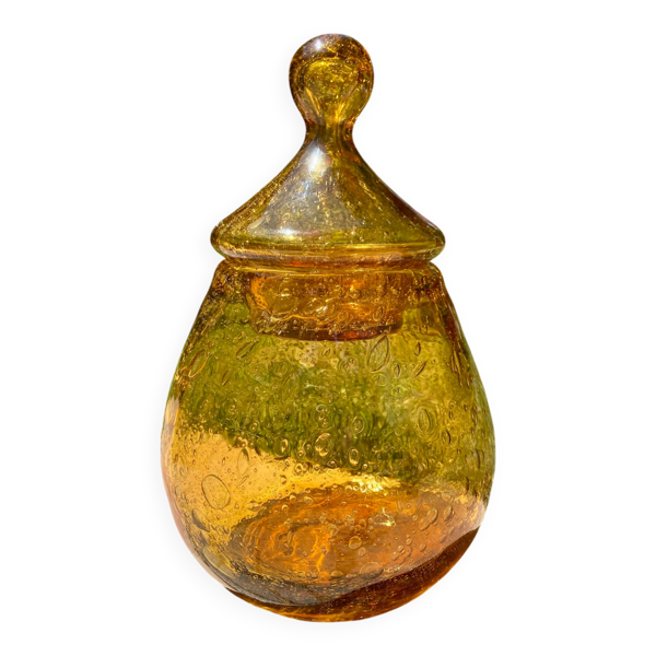 Grande bonbonnière en verre bullé ambré de Biot, années 1960 — Beyit
