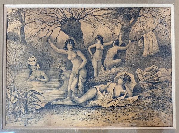 Tableau dessin ''Nymphes se baignant'' Frédéric VILLOT (1809-1875) ami Delacroix