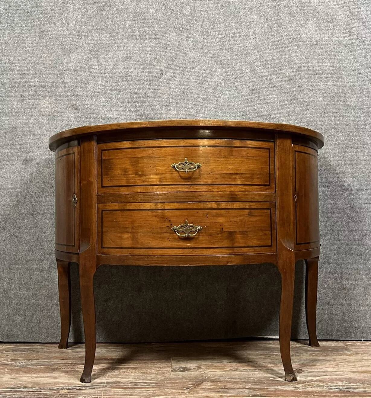 Louis XV / Louis XVI Transition style half-moon chest of drawers in marquetry mahogany