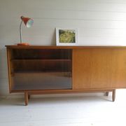Mid Century Vintage Teak Sideboard Display Bookcase Cabinet 1960'S Sliding Glass And Teak Doors