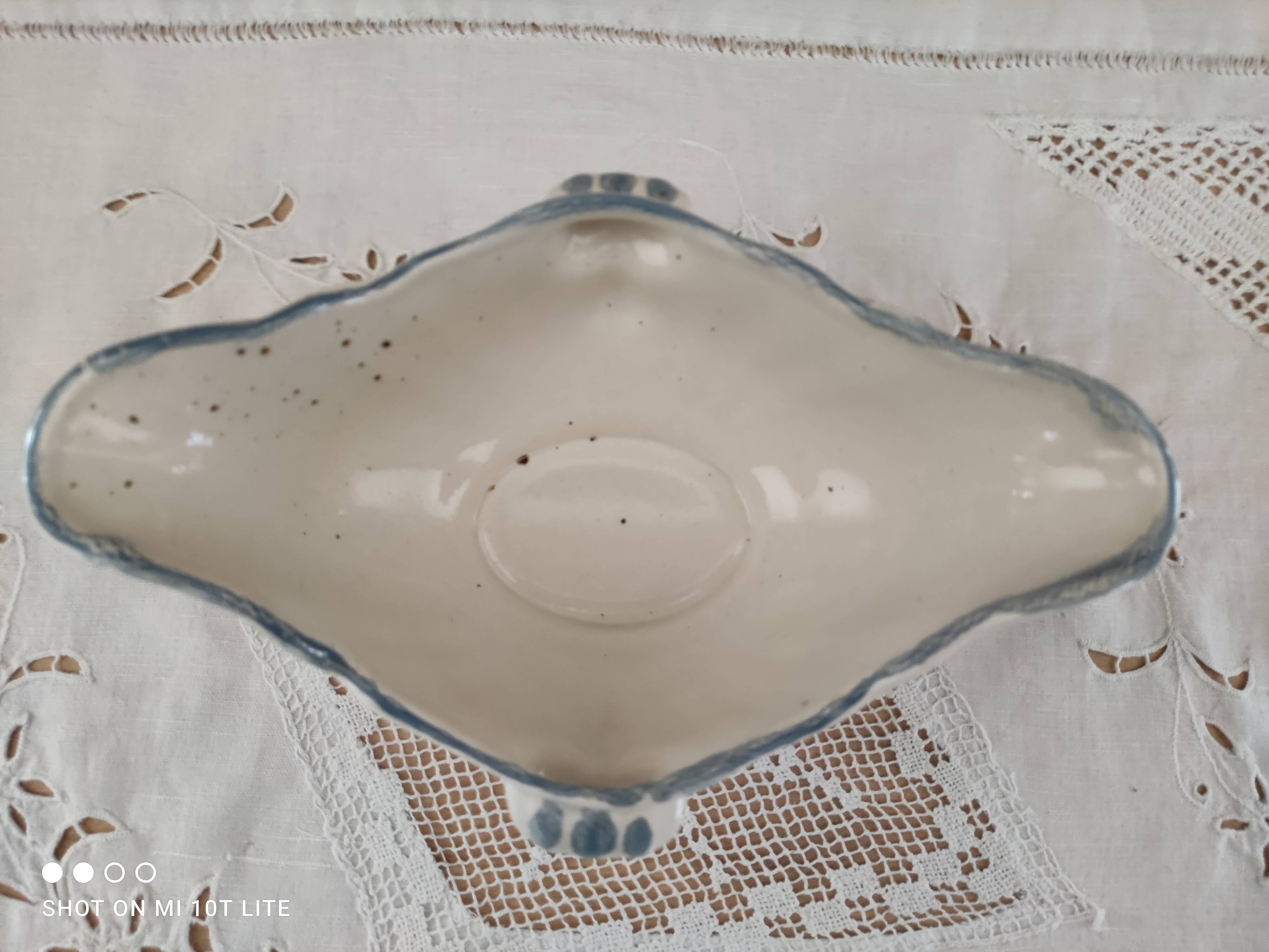 Saucière Salins France in speckled earthenware light blue foral decoration