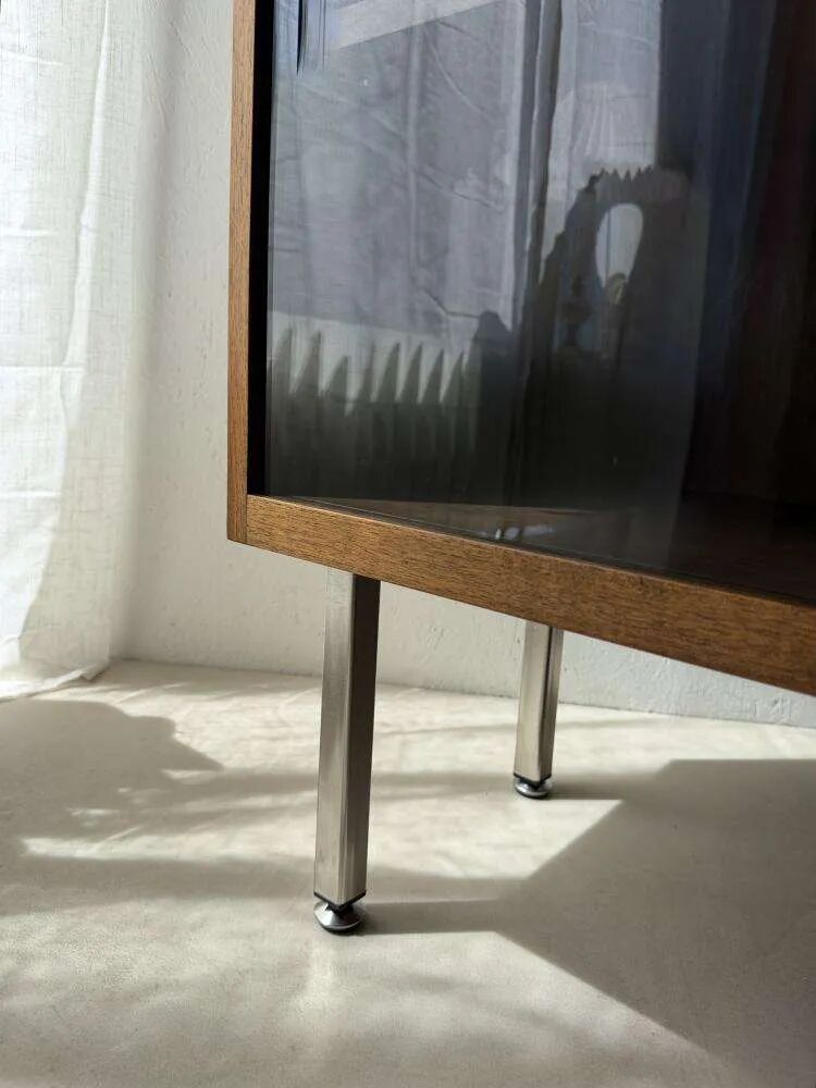 Walnut display cabinet from the 60s with smoked glass