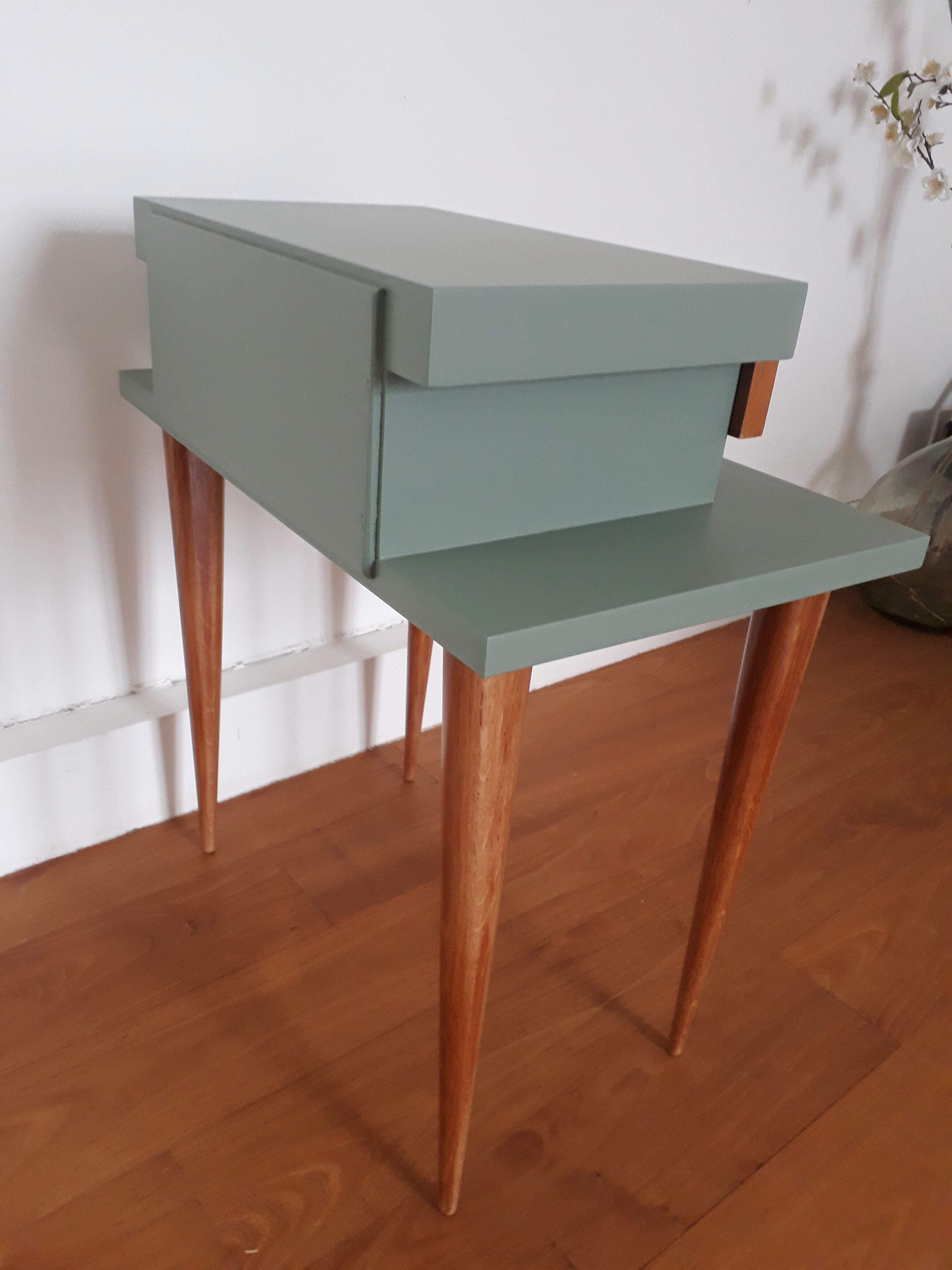 Vintage bedside table from the 1950s in a Scandinavian style revisited in green