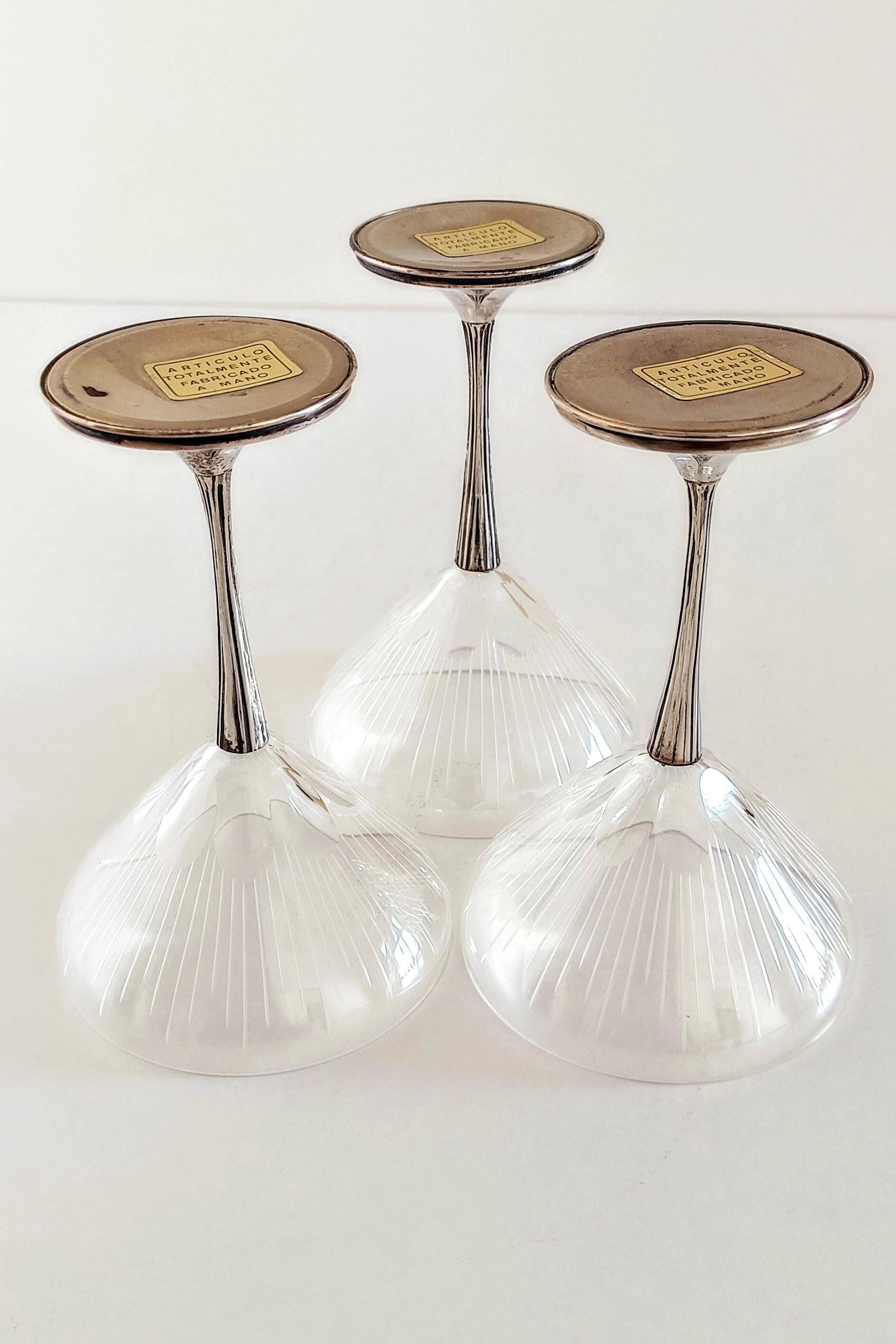 Art Deco Champagne Glasses Set of 3, Sterling Silver & Cut Glass