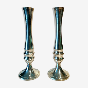 Pair of silver metal candle holders