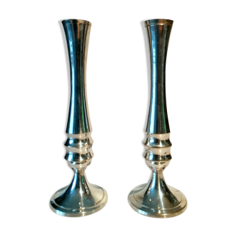 Pair of silver metal candle holders