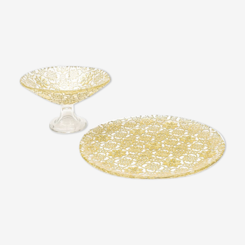 2 plats de présentation culinaire verre arabesque or doré plat rond et coupelle sur pied