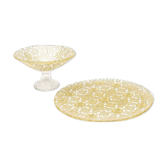 2 plats de présentation culinaire verre arabesque or doré plat rond et coupelle sur pied