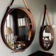 Handmade J. Adnet style mirror in brown vegetable-tanned leather, ø 70 cm