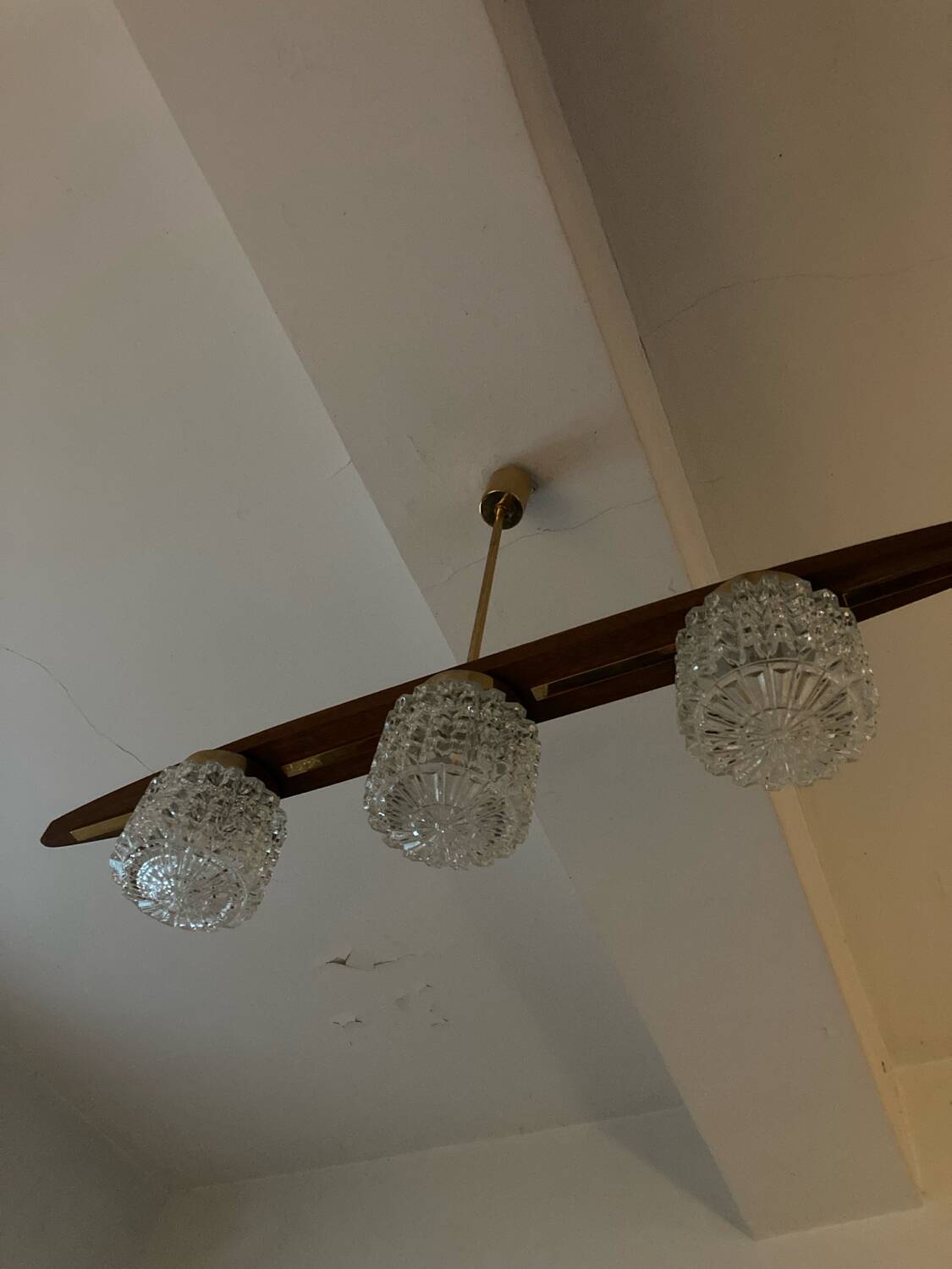 Vintage teak, brass and glass chandelier